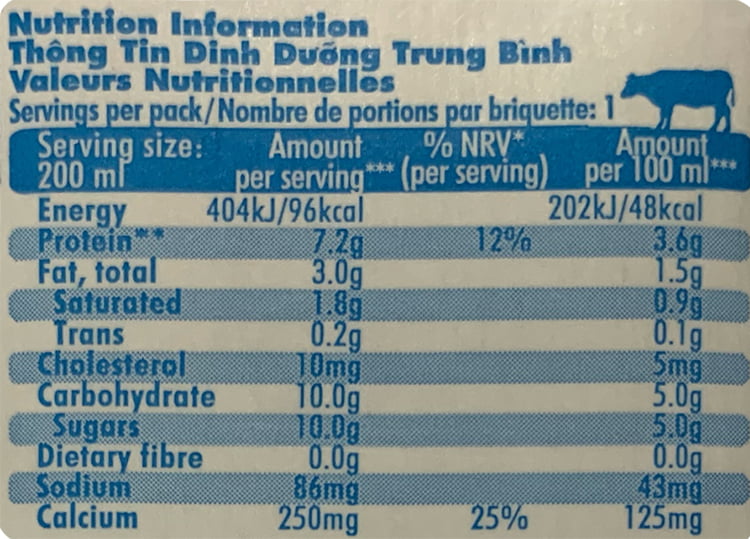 Thành phần dinh dưỡng sữa tươi Meadow Fresh